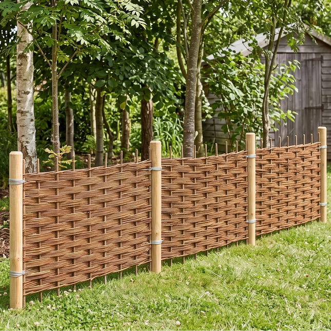 A woven wooden garden fence panel installed in a grassy backyard with trees, a small shed, a watering can, and a potted plant.