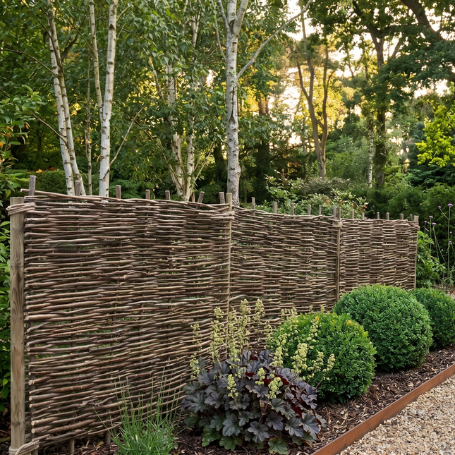 A natural wattle privacy fence made of interlaced branches, planted in a landscaped garden bed with green shrubs and plants, next to a gravel path.