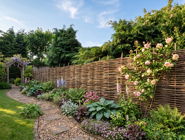 A lush garden scene with a tall woven bamboo fence, pink roses climbing the fence, a stone path, gravel beds, and greenery under a blue sky.
